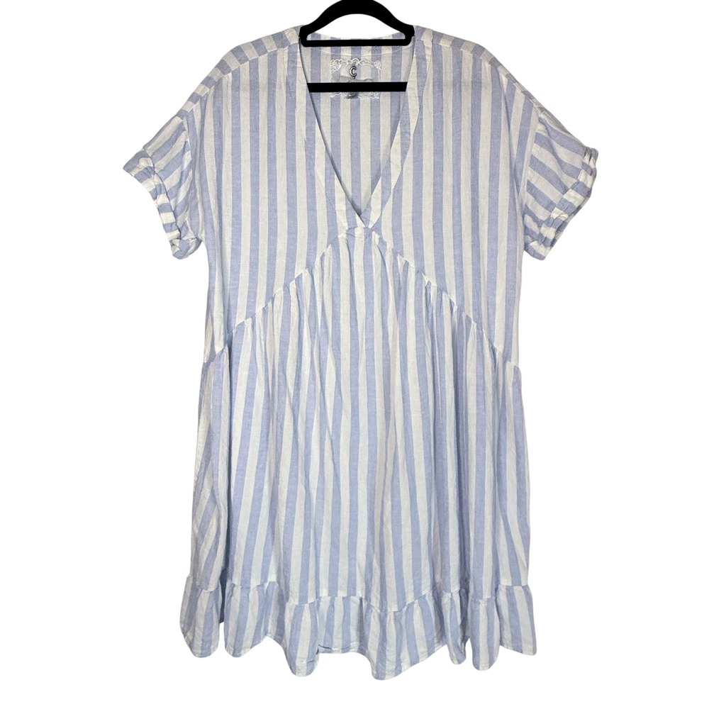 Cupio Linen Blend Blue White Stripe Babydoll Dress Medium Coastal Cottagecore